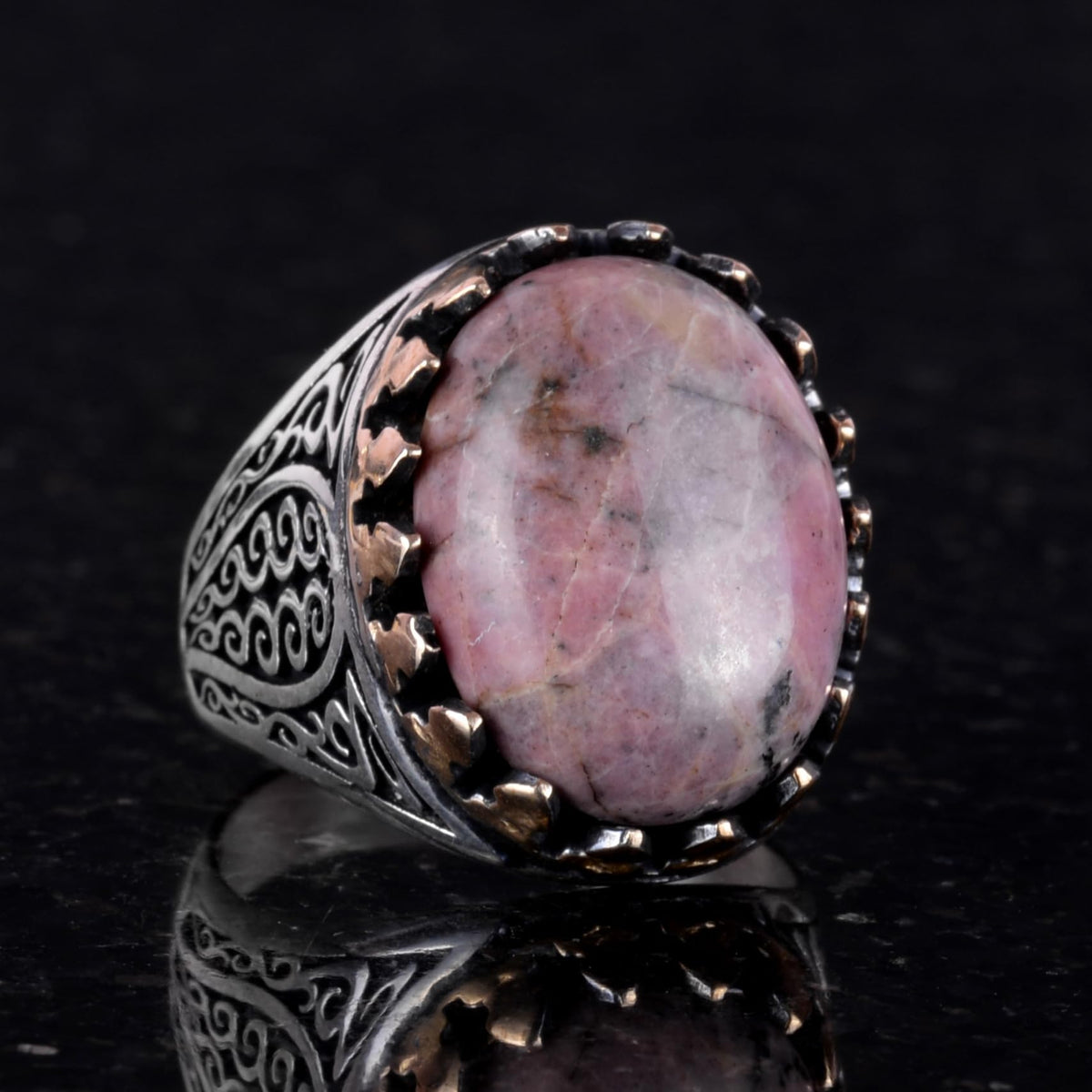 925 Sterling Silver Men's Ring - Natural Rhodonite Stone — 4