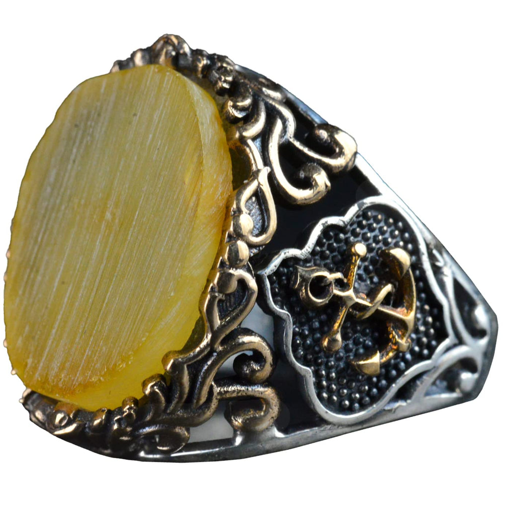 Sailor Anchor Silver Ring, Natural Stone Ring, 925 Sterling Silver Ring (Amber)