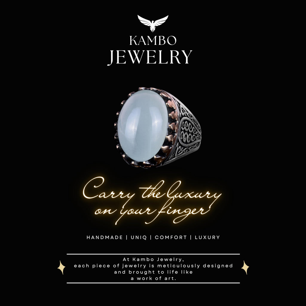 925 Sterling Silver Men's Ring - Handmade Elegance with Natural Stone (Cabochon Aquamarine) — 6
