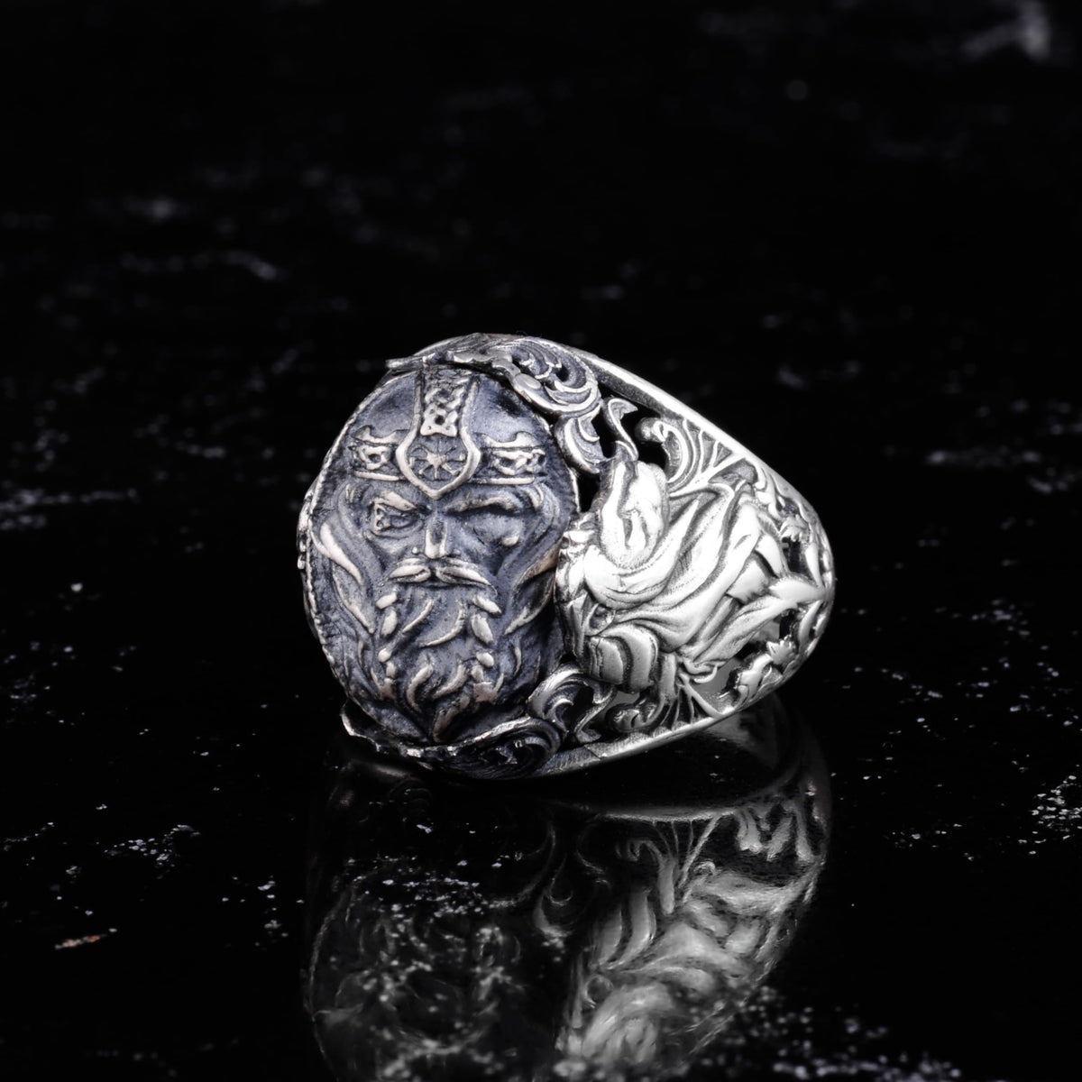 KAMBO Symbol Ring for Men 925 Sterling Silver - Viking Warrior Seal Ring for Men - Flower Engraved Men's Jewelry - Scandinavian Warrior Statement Ring — 2