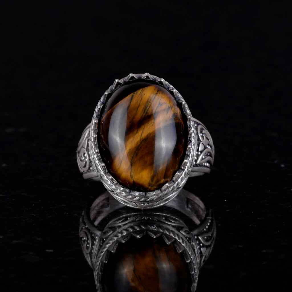 KAMBO Handcrafted Tiger's Eye Stone Ring – Unique 925 Sterling Silver Men's Ring – Courage Symbol Showy Design — 2