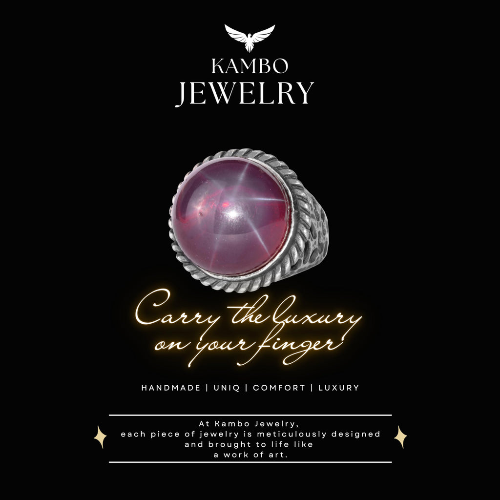 KAMBO Star Ruby Men's Ring 925 Sterling Silver – Round Natural Stone Vintage Statement Ring for Men — 8