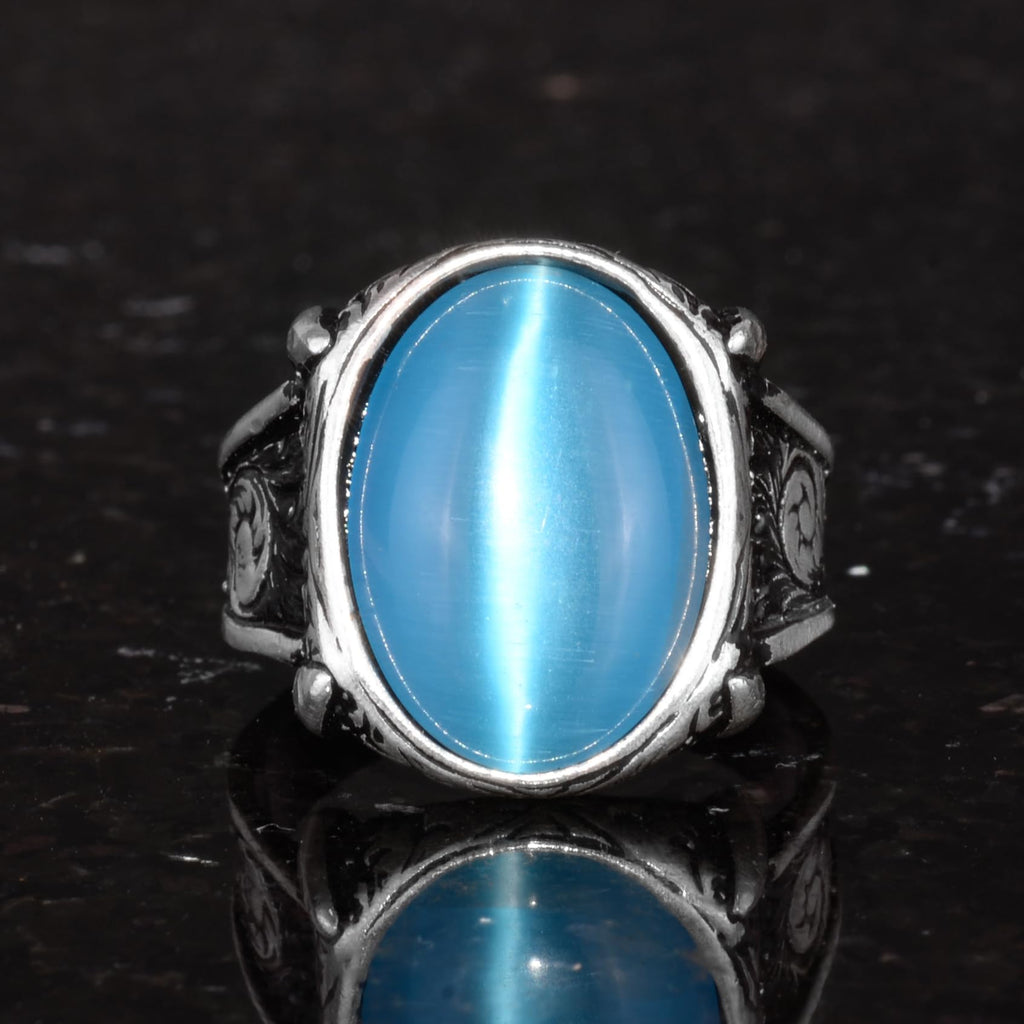 KAMBO 925 Sterling Silver Men's Ring with Created Blue Cats Eye Stone, Handmade Art Deco Vintage Statement Ring, Unique