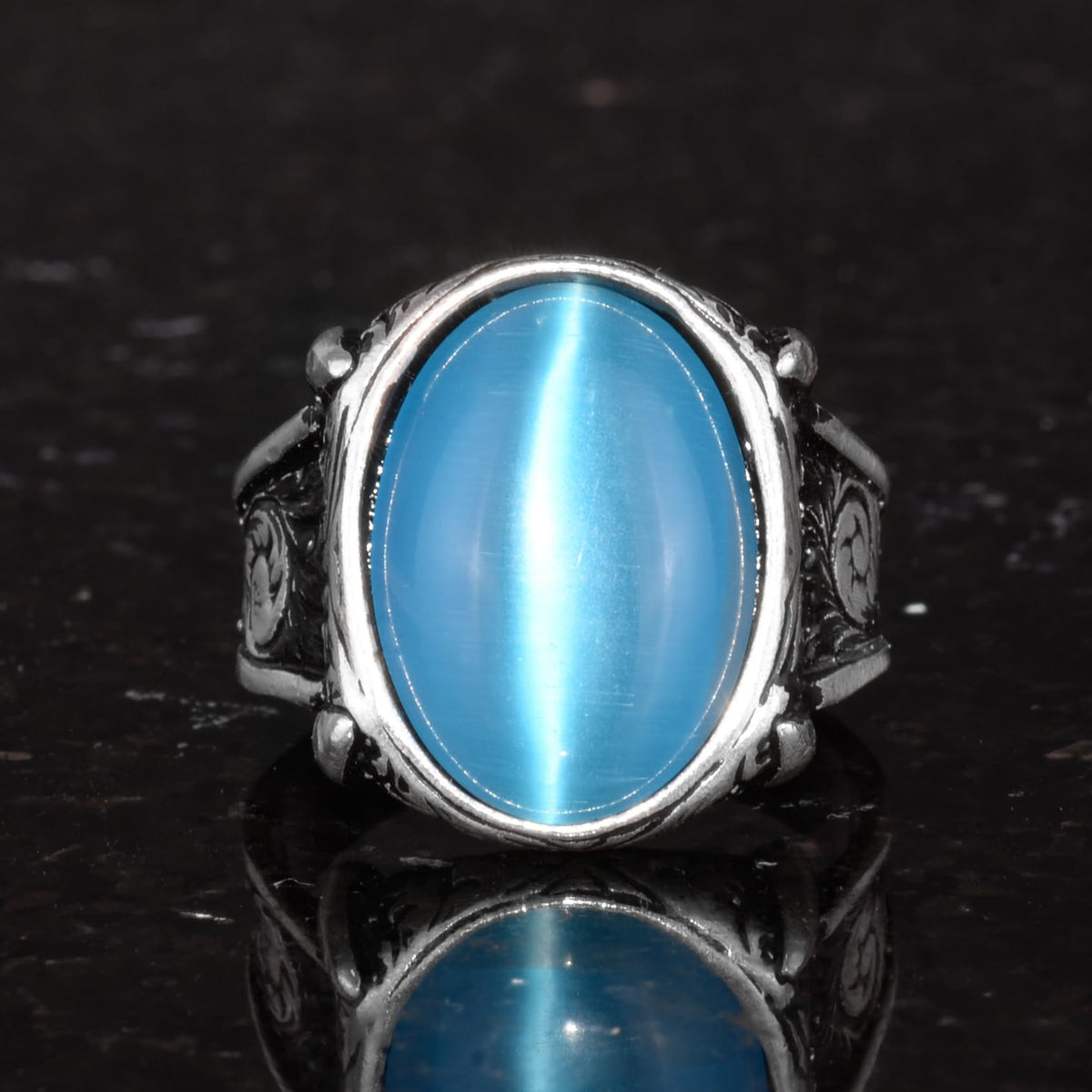 KAMBO 925 Sterling Silver Men's Ring with Created Blue Cats Eye Stone, Handmade Art Deco Vintage Statement Ring, Unique