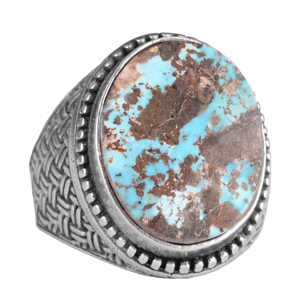 KAMBO Natural Turquoise Stone 925 Sterling Silver Men's Ring - Handmade Woven Texture Vintage Statement Jewelry (Style-1)