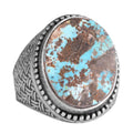 KAMBO Natural Turquoise Stone 925 Sterling Silver Men's Ring - Handmade Woven Texture Vintage Statement Jewelry (Style-1)