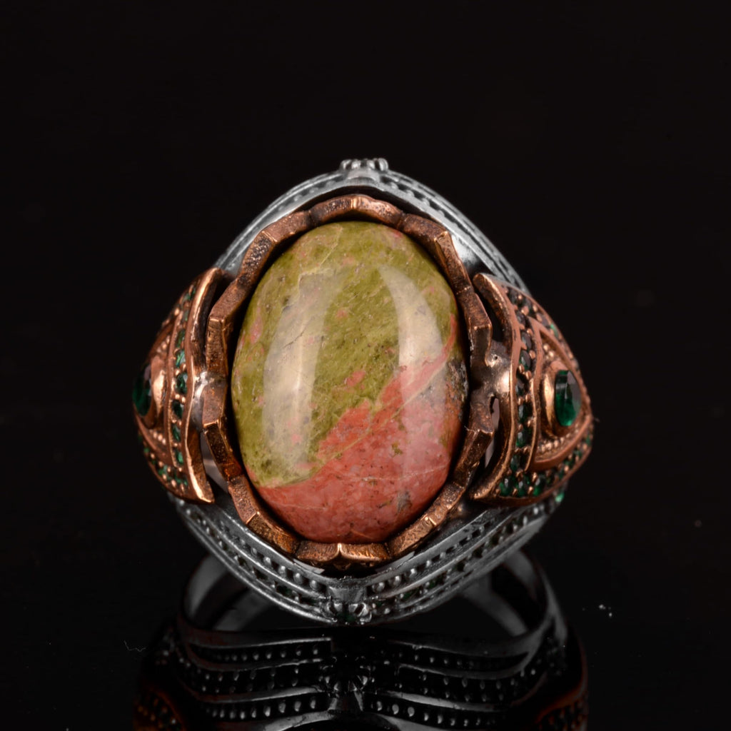 Unakite Natural Stone Ring, Silver Men's Ring — 4