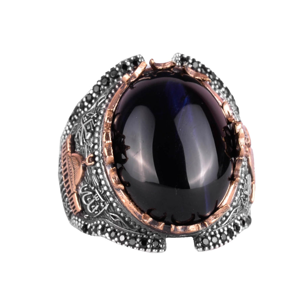 925 Sterling Silver Ring, Dark Blue Cat's Eye Stone Ring