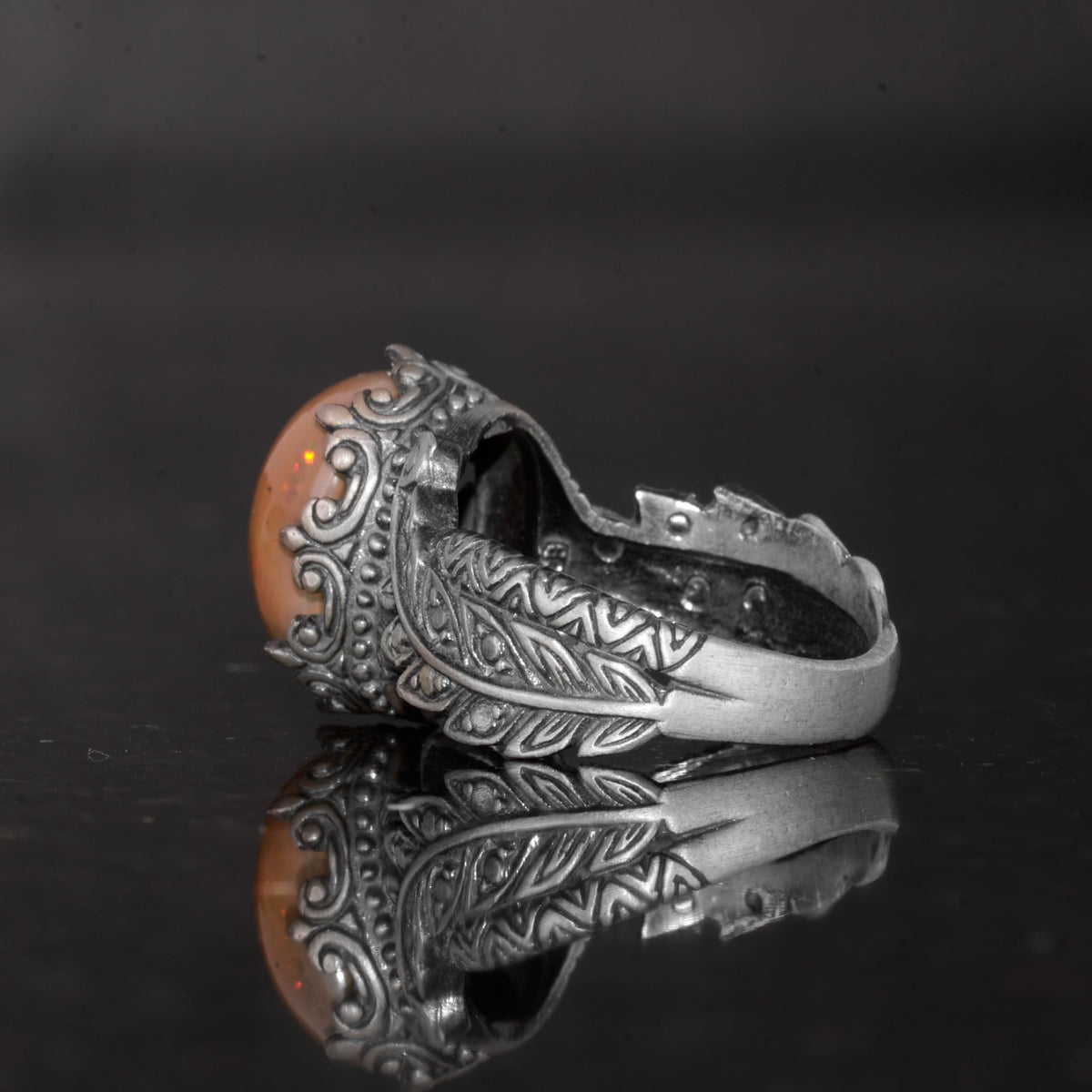 Handmade 925 Sterling Silver Men's Ring Natural Opal Stone - Leaf Pattern — 7