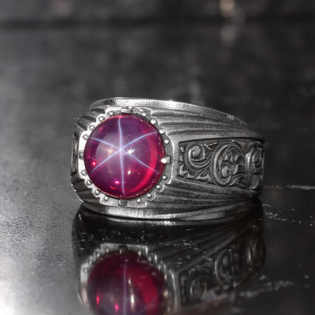 KAMBO Natural Star Ruby Stone Ring for Men 925 Sterling Silver Vintage Engraved Handmade Statement Ring Asterism Ruby — 4