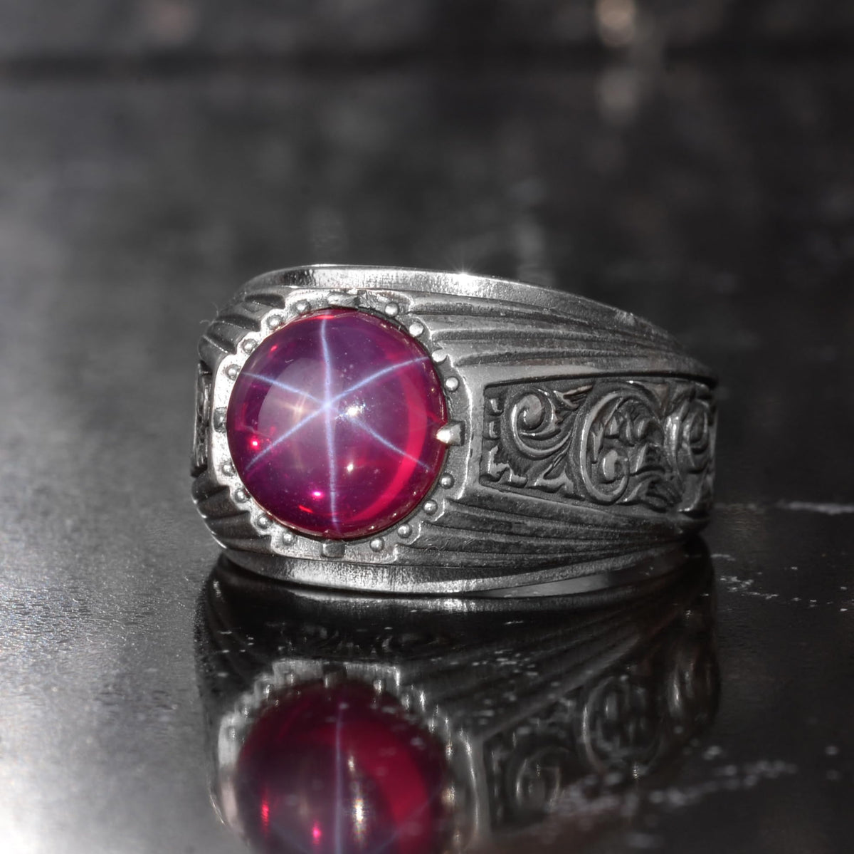 KAMBO Natural Star Ruby Stone Ring for Men 925 Sterling Silver Vintage Engraved Handmade Statement Ring Asterism Ruby — 4