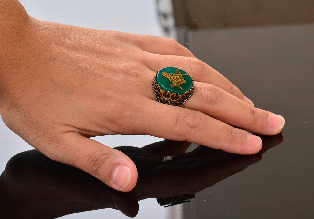 925 Sterling Silver Men's Ring - Symbolic Ring - Green Agate Stone Ring (Masonic) — 6