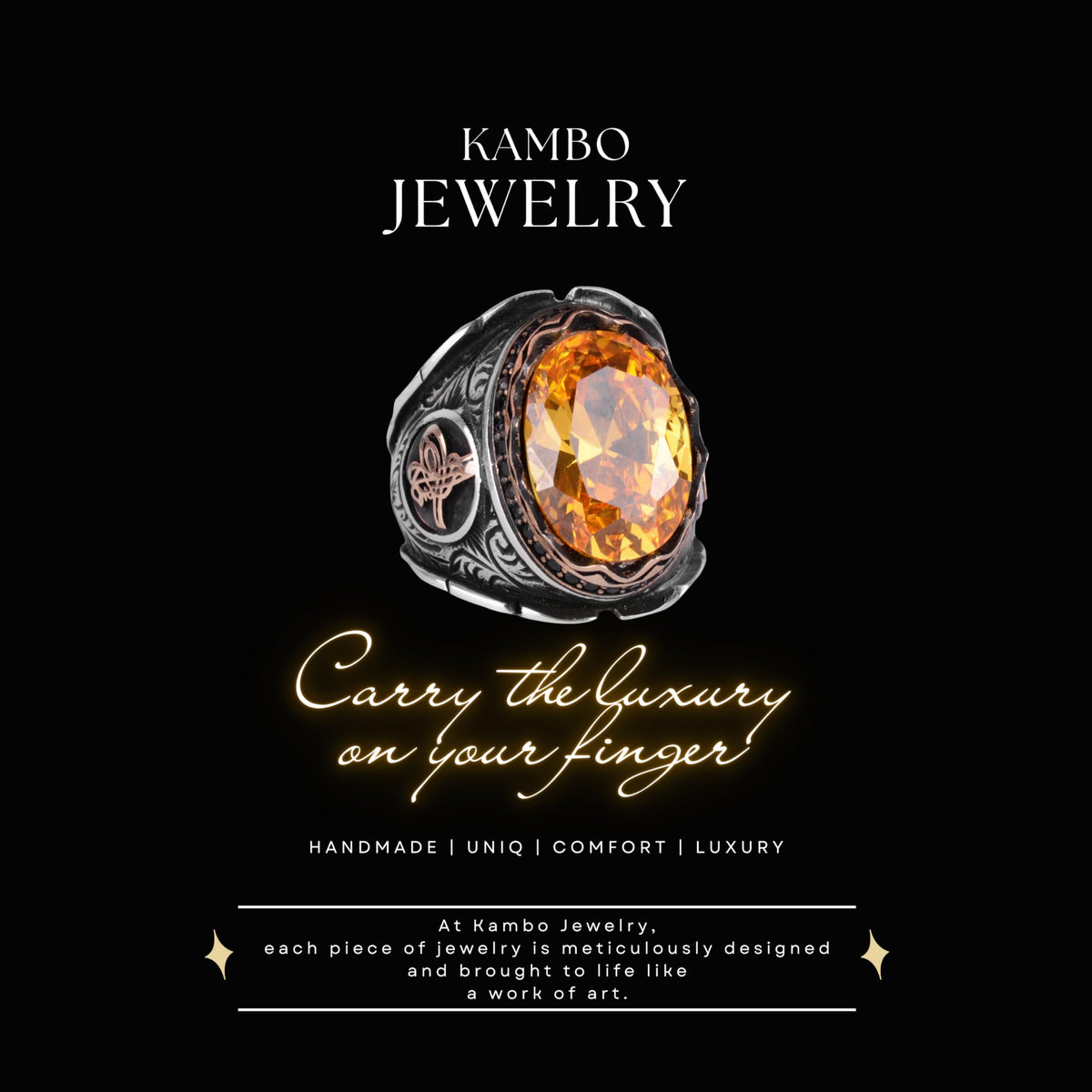 Ottoman Tugra Silver Ring, Orange Citrine Stone Ring — 3