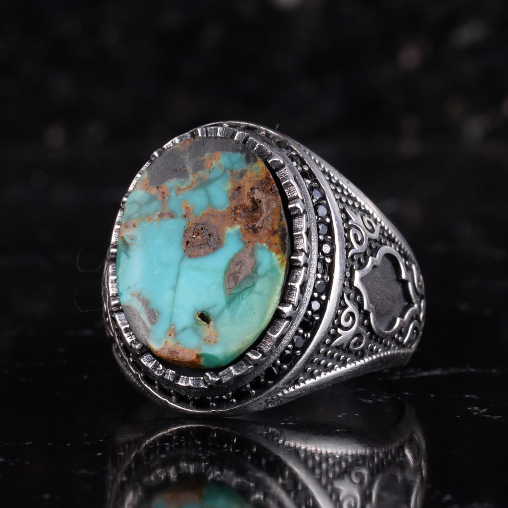 KAMBO Turquoise Stone Men's Ring 925 Sterling Silver – Natural Turquoise Statement Ring – Vintage Ottoman Style Handmade Men's Ring (Turquoise-7) — 5