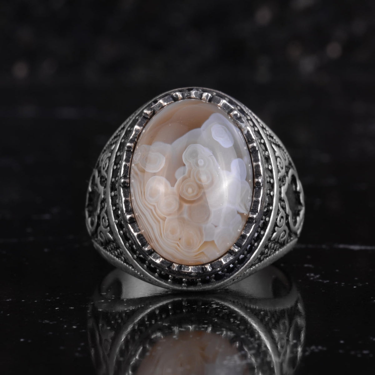 KAMBO Natural Agate Stone Men's Ring – Band Stone – 925 Sterling Silver Handmade Statement Ring – Vintage Ottoman Style Men's Jewelry (Agate-1) — 4