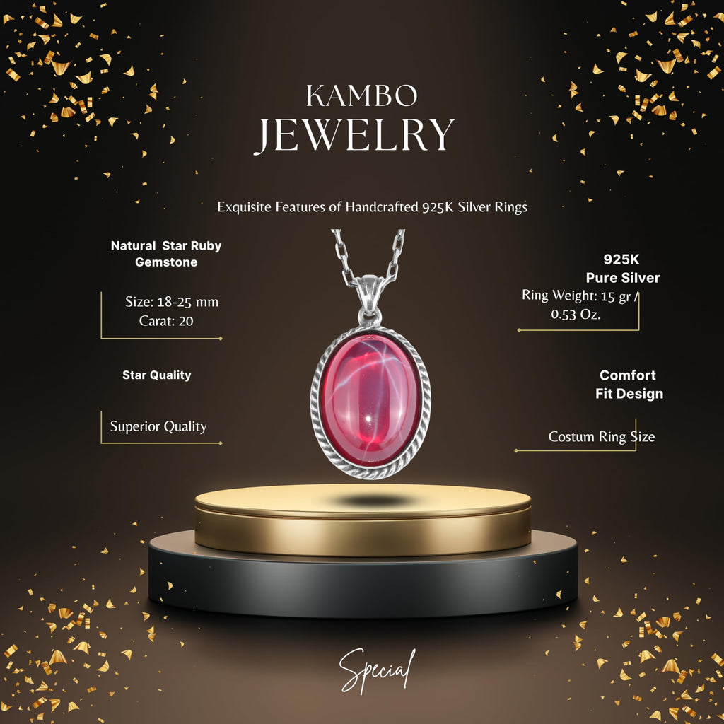 KAMBO Natural Stone Chain Unisex Necklace 925 Sterling Silver – Handmade Oval Description Necklace (Star Ruby) — 2