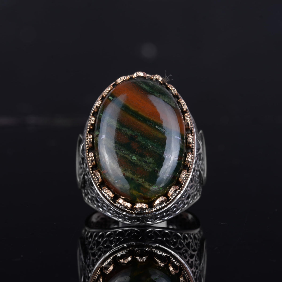 KAMBO 925 Sterling Silver Men's Natural Stone Ring - Moon and Star Design - Handmade Vintage Jewelry (Green Bloodstone) — 5