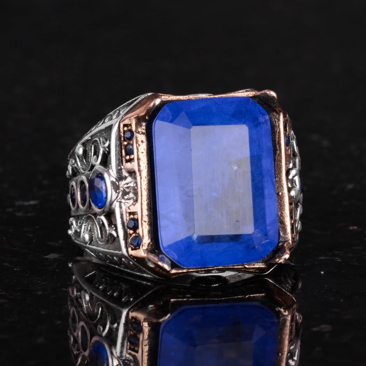 KAMBO 925 Sterling Silver Men's Ring - Arranged Blue Paraiba Stone Men's Ring - Handmade Unique Ring — 5