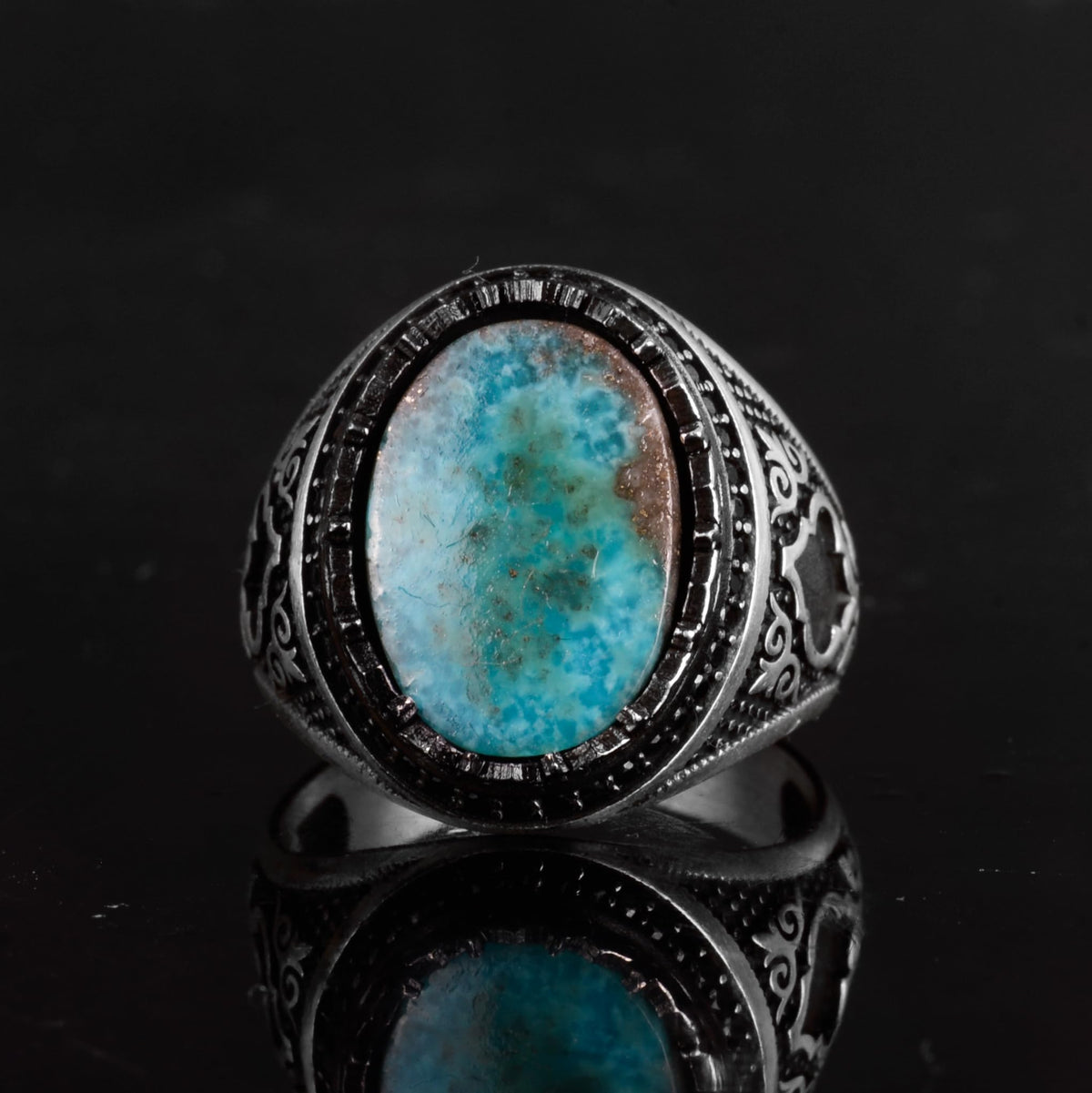 KAMBO Natural Turquoise Stone 925 Sterling Silver Men's Ring - Seljuk Figure Pattern Vintage Statement Jewelry (Style-3) — 6