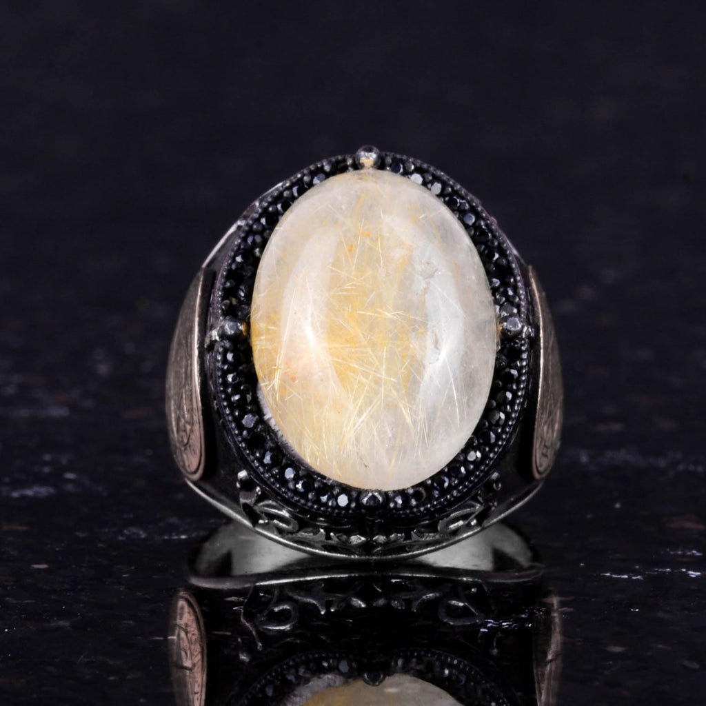 David Star Ring - Natural Cabochon Golden Rutilated Quartz Stone Ring — 4