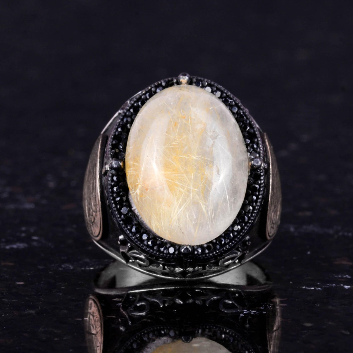 David Star Ring - Natural Cabochon Golden Rutilated Quartz Stone Ring — 4