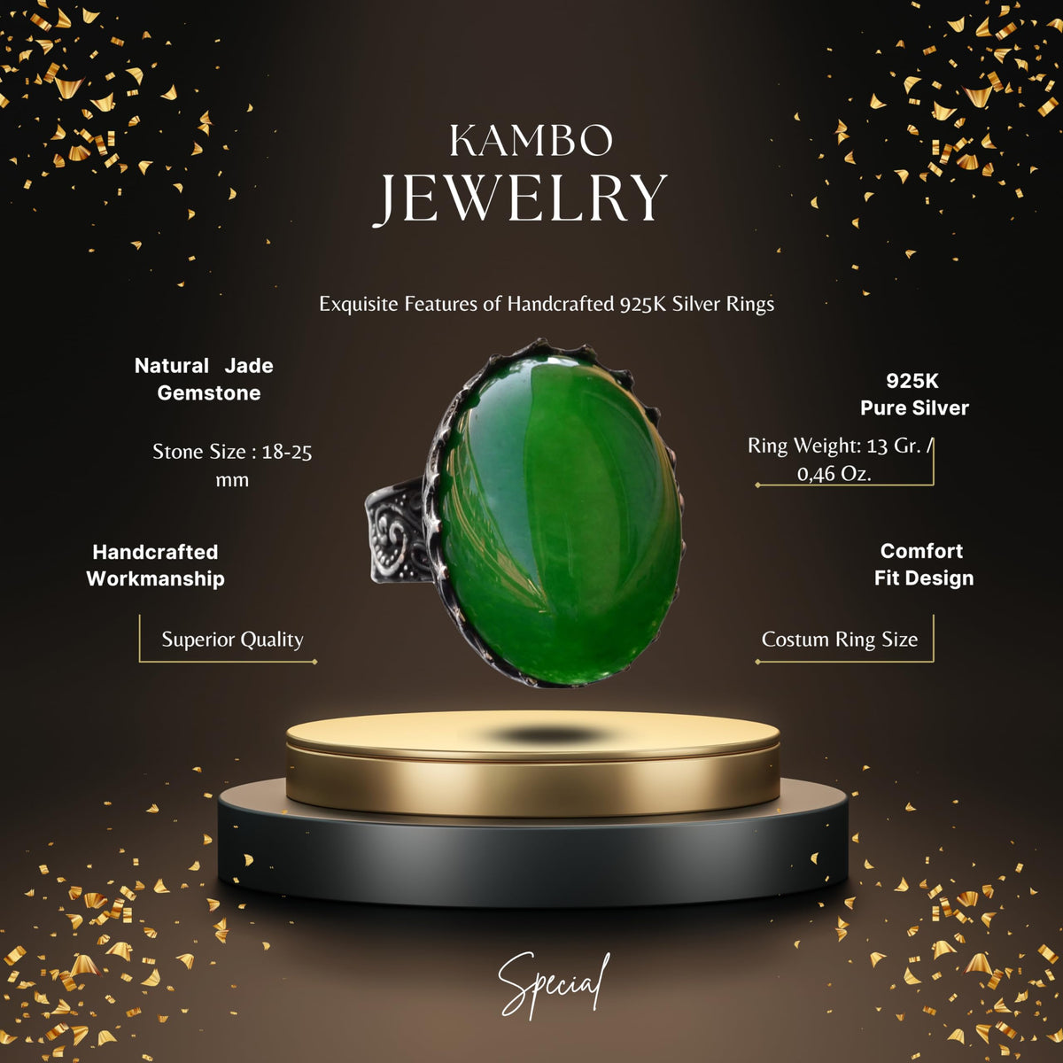 Natural Magnificence Collection: 925 Sterling Silver Men's Ring - Jade Stone — 2
