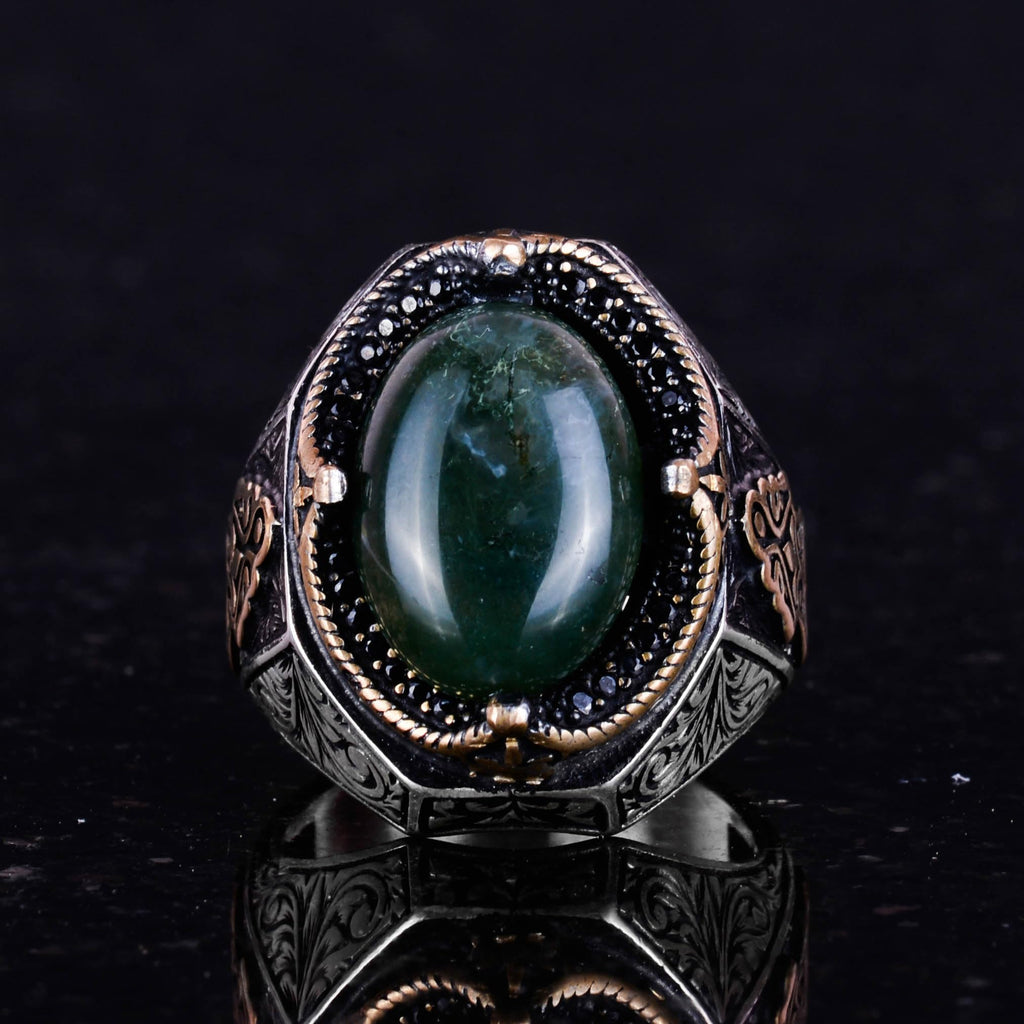 Natural Mossy Agate Stone Ring - 925 Sterling Silver Men's Ring — 3