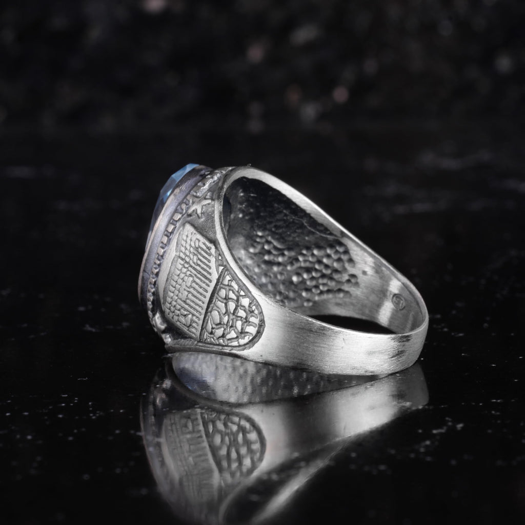 KAMBO Natural Blue Topaz Stone Men's Ring 925 Sterling Silver – Eagle Motif Handmade Ring – Light Blue Stone Vintage Statement Jewelry — 7