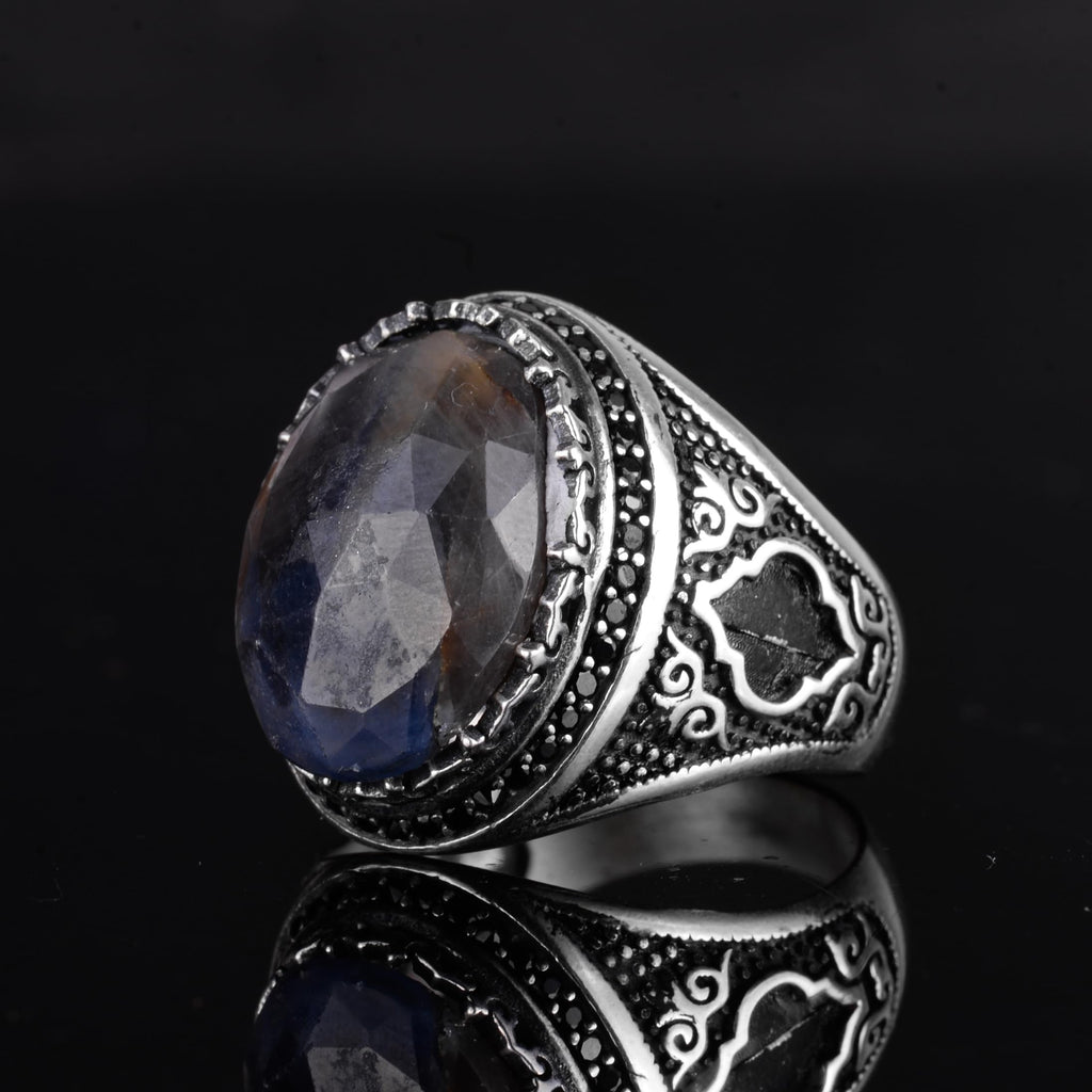 KAMBO Natural Sapphire Men's Ring – 925 Sterling Silver Oval Handmade Stone Statement Ring (Sapphire-5) — 5