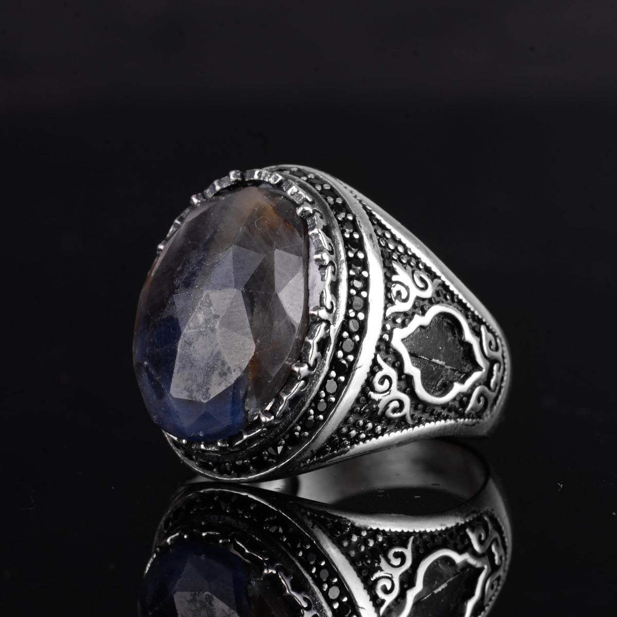 KAMBO Natural Sapphire Men's Ring – 925 Sterling Silver Oval Handmade Stone Statement Ring (Sapphire-5) — 5
