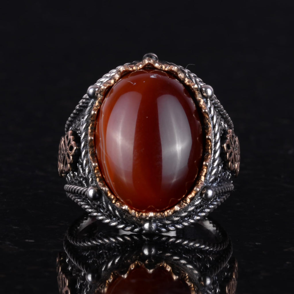Handcrafted Natural Red Agate Stone Ring, 925 Sterling Silver (Model-2) — 2