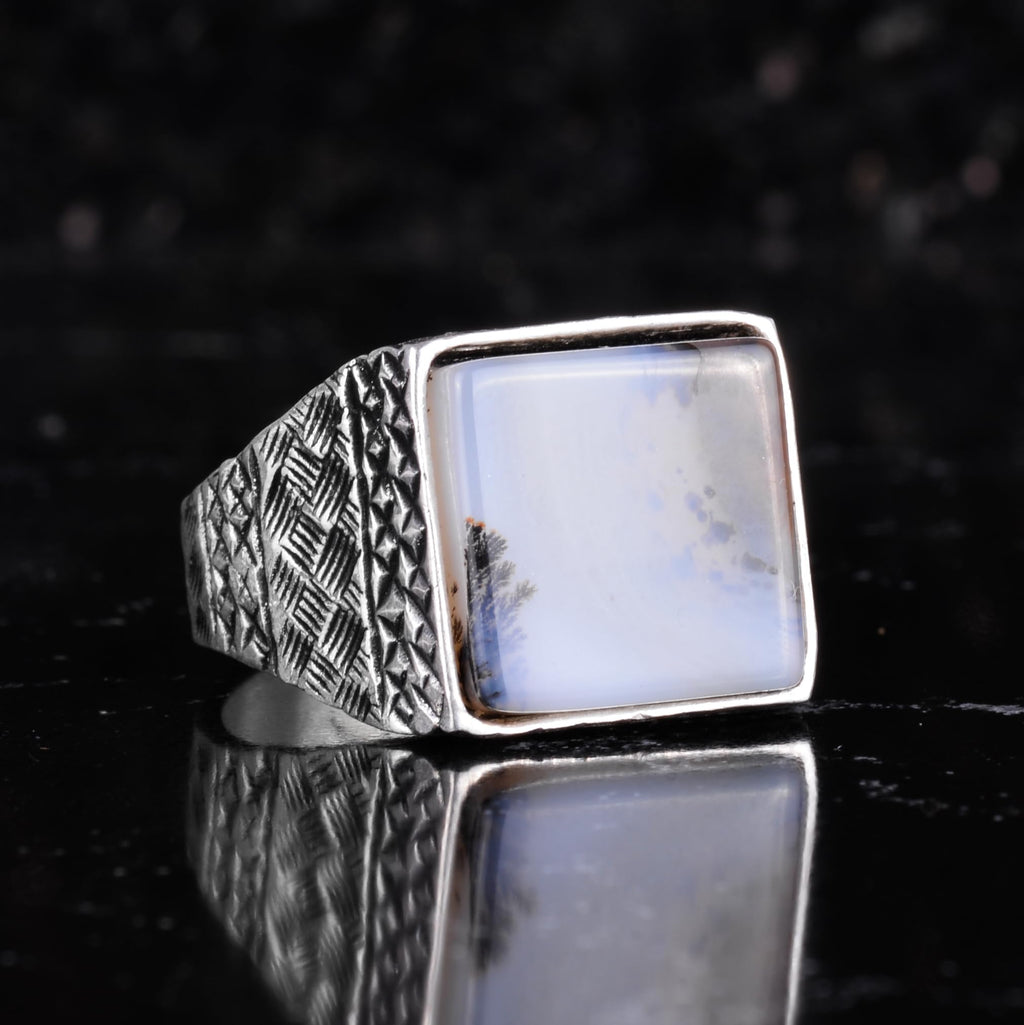 KAMBO Natural Stone Men's Ring 925 Sterling Silver Square Stone Handmade Statement Ring Unique Masculine Jewelry (Yemen Agate) — 6