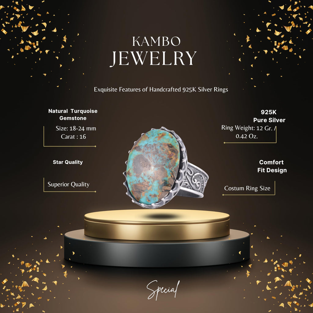 KAMBO Natural Arizona Turquoise Stone Large Men's Ring 925 Sterling Silver Crown Frame Oval Cabochon Ottoman Pattern Handmade Statement Ring (Turquoise-) — 2