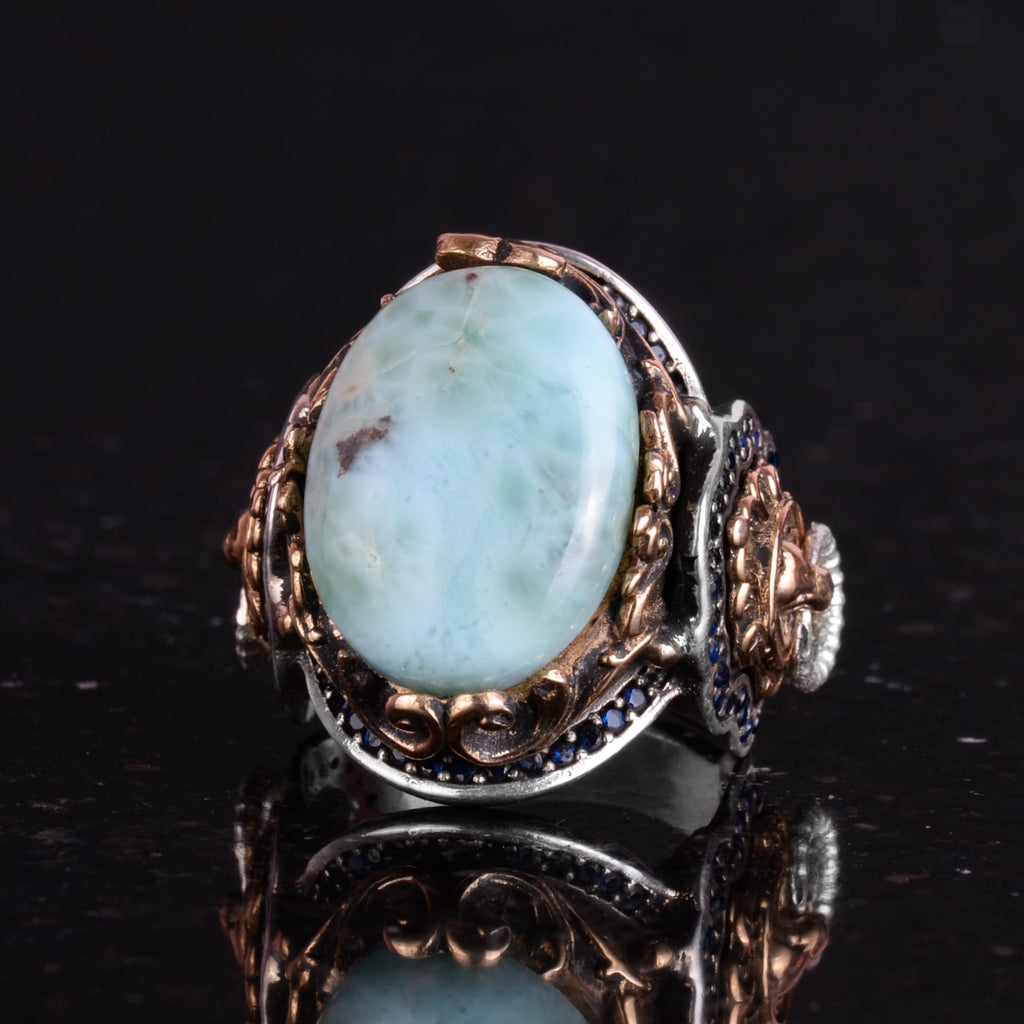 Handmade Lion Symbol Ring - Larimar Stone 925 Sterling Silver Men's Ring — 5