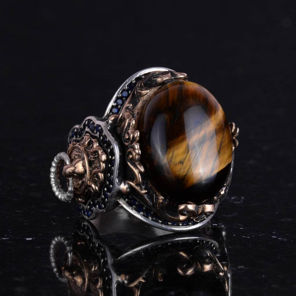 Handmade Tiger Eye Stone Ring, Lion Symbol Ring - 925K Pure Silver Men's Ring - Brave Design — 5