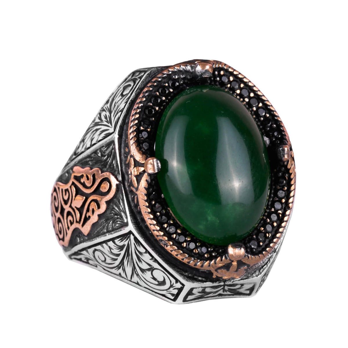 925 Sterling Silver Solid Men's Ring - Handmade Natural Jade Stone, Harmony and Abundance Design