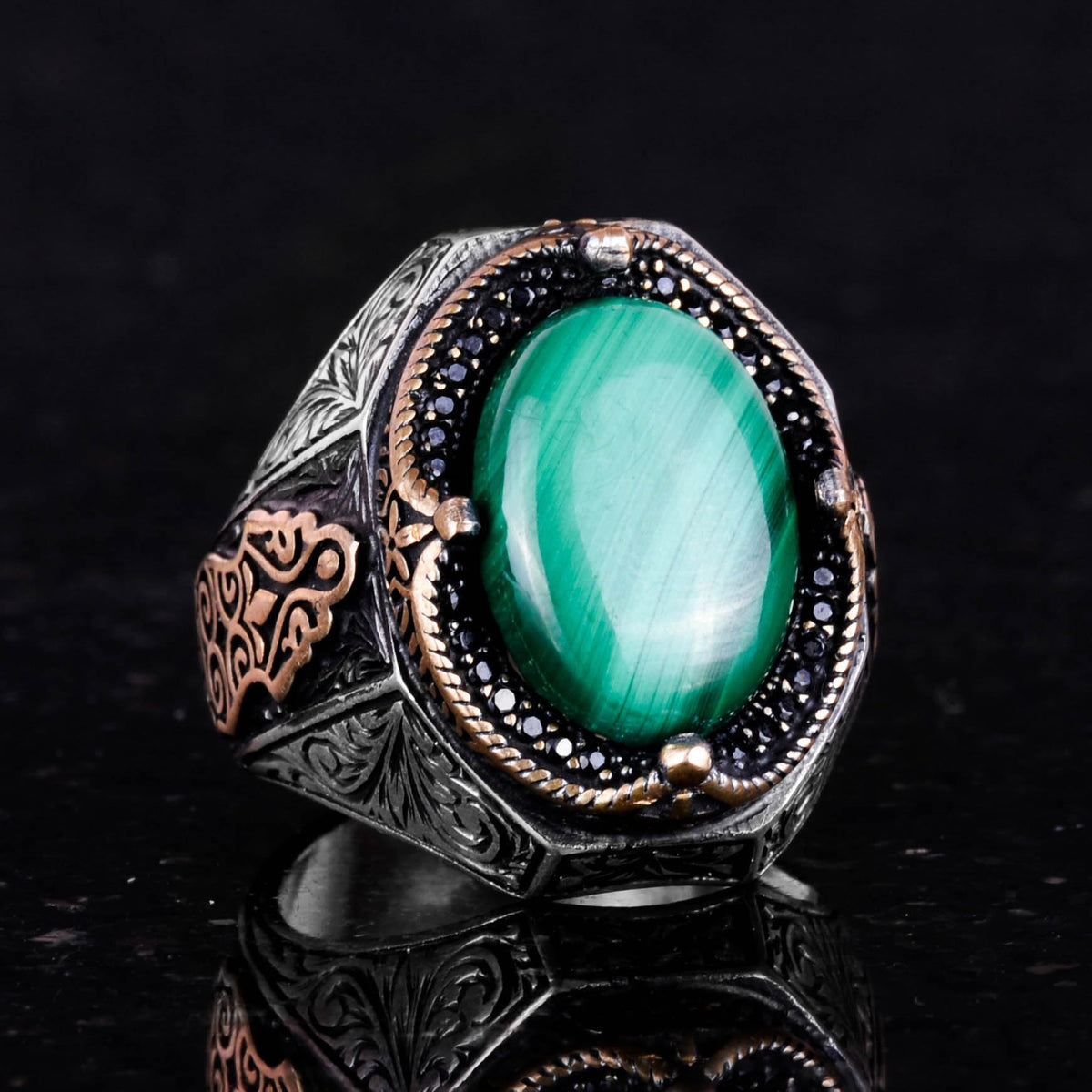 Natural Malachite Stone Ring - 925 Sterling Silver Men's Ring — 6