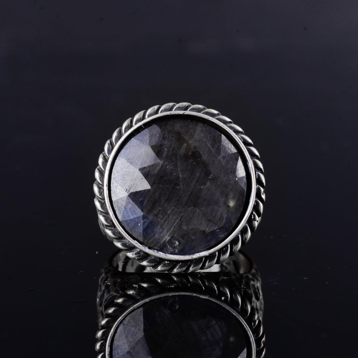 KAMBO Men's Blue Sapphire Stone Ring – Round Cut Blue Sapphire 925 Sterling Silver Ring – Handmade Oxidized Silver Statement Ring — 4