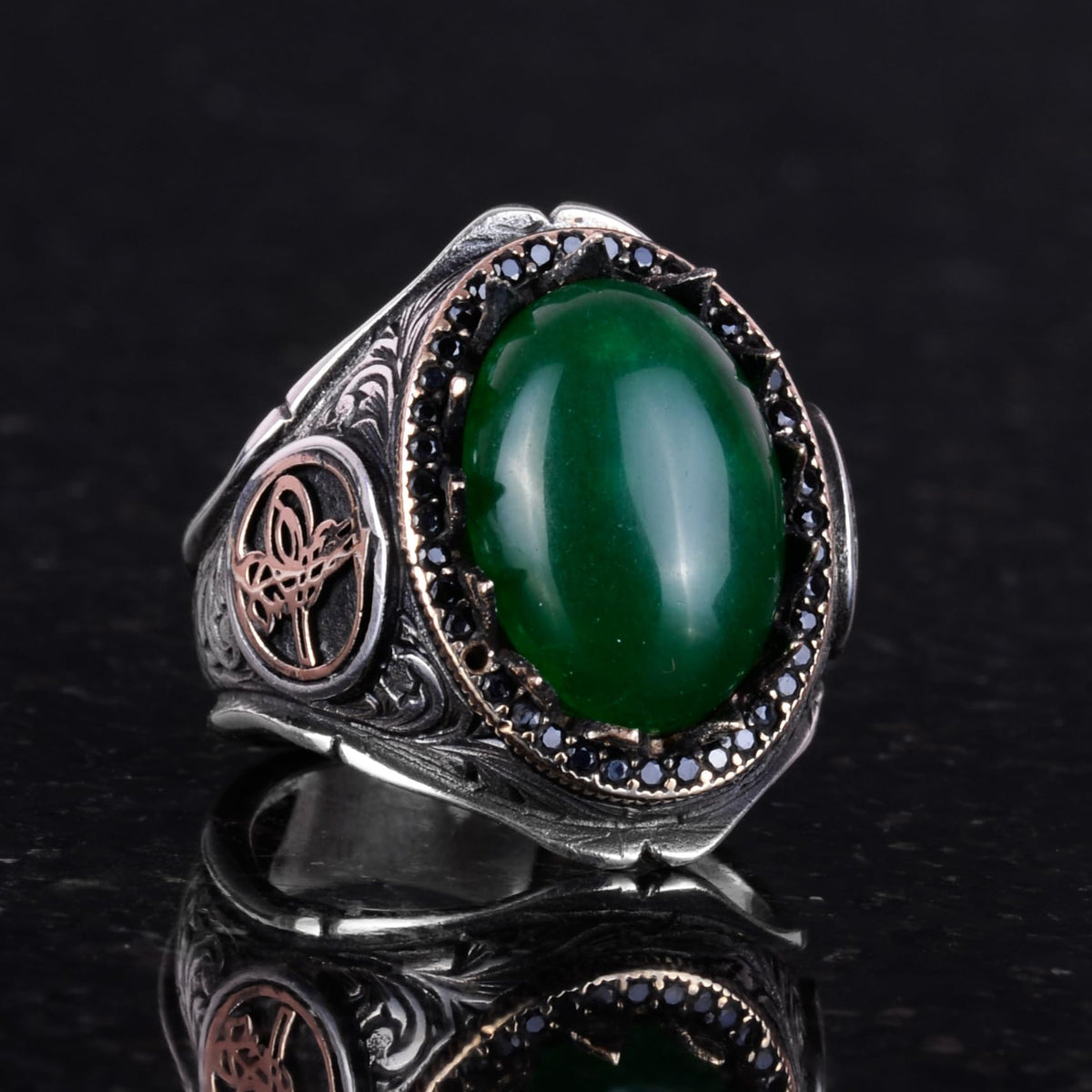 925 Sterling Silver Men's Ring with Natural Stone - Handcrafted Elegance (Yade Stone) — 4