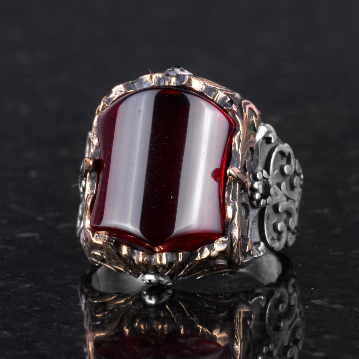 Handmade 925 Sterling Silver Men's Ring - Unique and Original Design (Synthetic Garnet) — 5