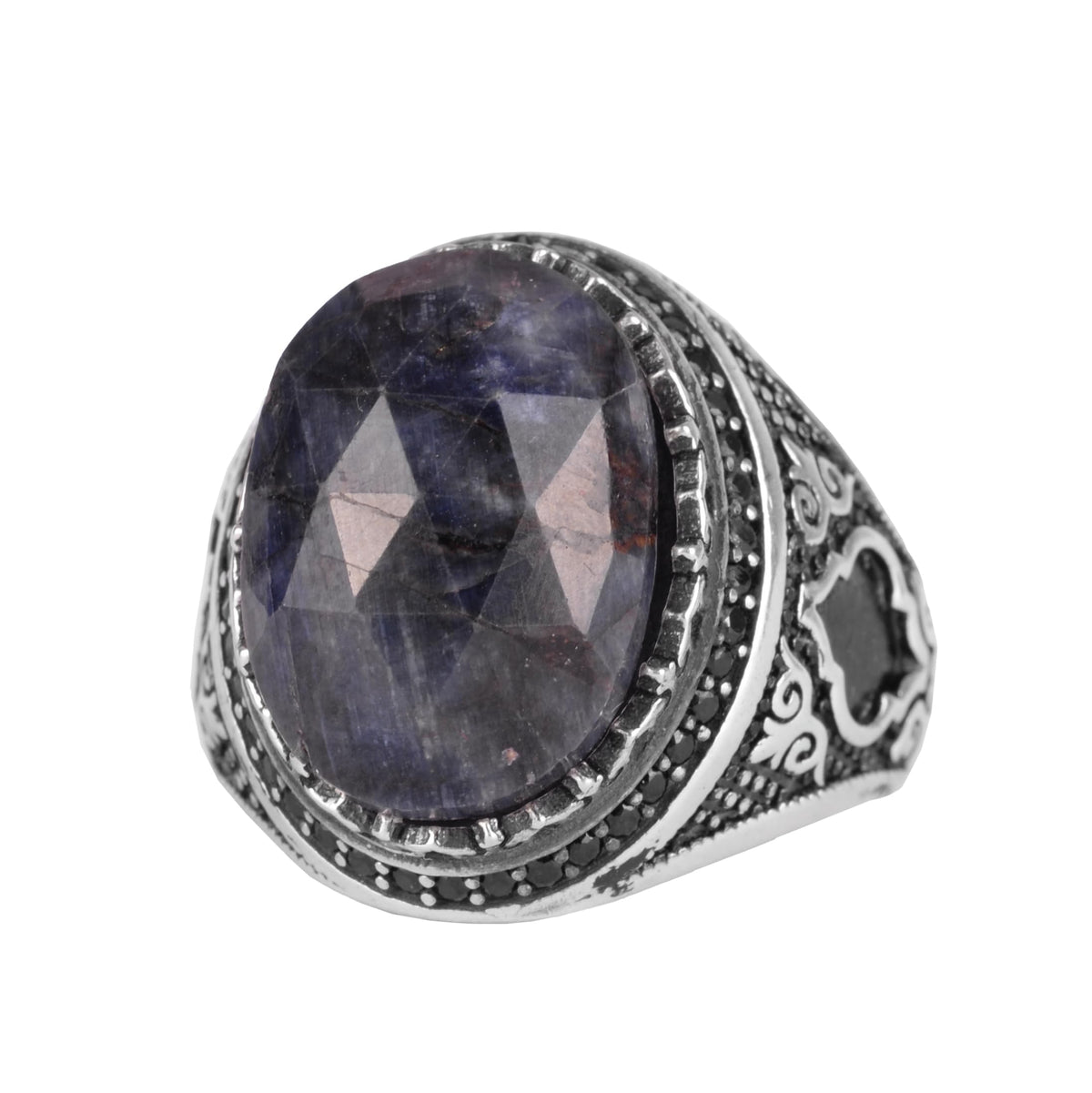 KAMBO Natural Sapphire Men's Ring – 925 Sterling Silver Oval Handmade Stone Statement Ring (Sapphire-2)
