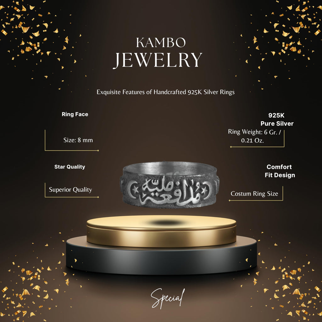KAMBO Arabic Calligraphy Band Ring 925 Sterling Silver Men's Ring Crescent Moon Star Islamic Writing Handmade Ring — 2
