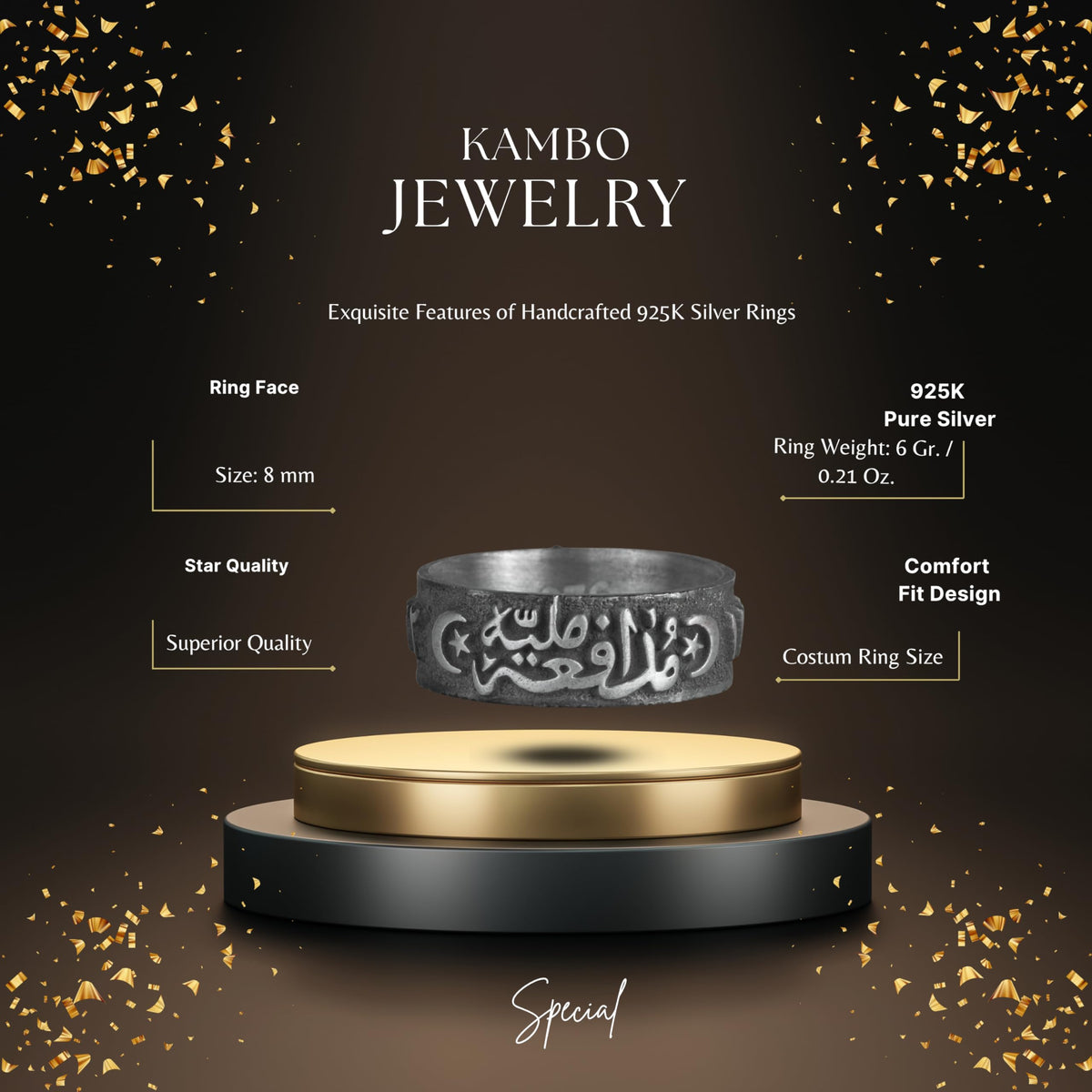 KAMBO Arabic Calligraphy Band Ring 925 Sterling Silver Men's Ring Crescent Moon Star Islamic Writing Handmade Ring — 2