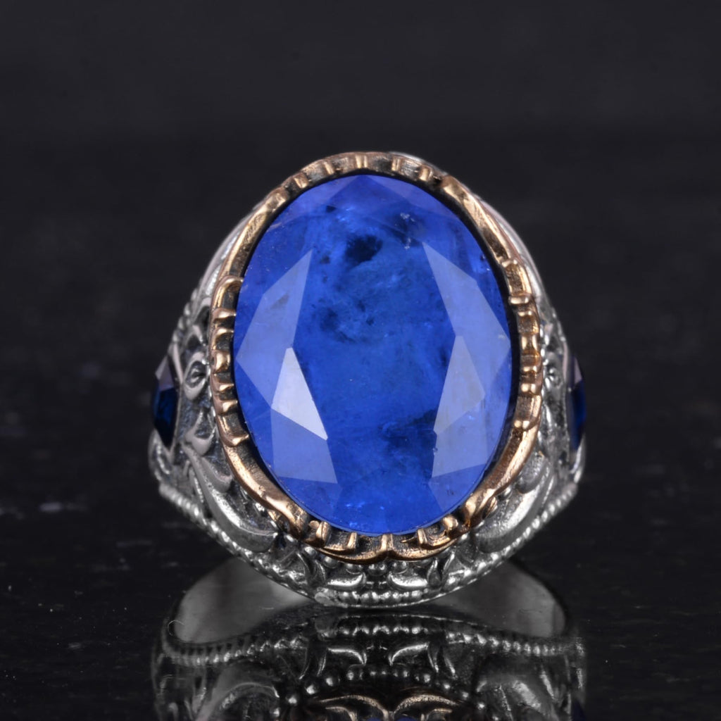 Kambo Synthetic Stone Ring - Unique Handmade Men's Ring, 925 Sterling Silver (Synthetic Blue Paraiba) — 4