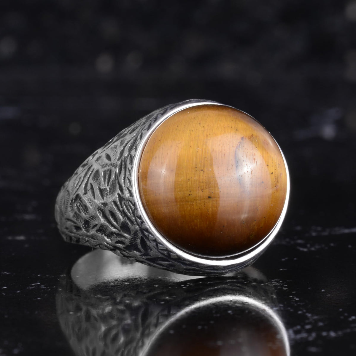 KAMBO Natural Stone Men's Ring 925 Sterling Silver Round Cabochon Handmade Statement Ring Stone (Tiger's Eye) — 5