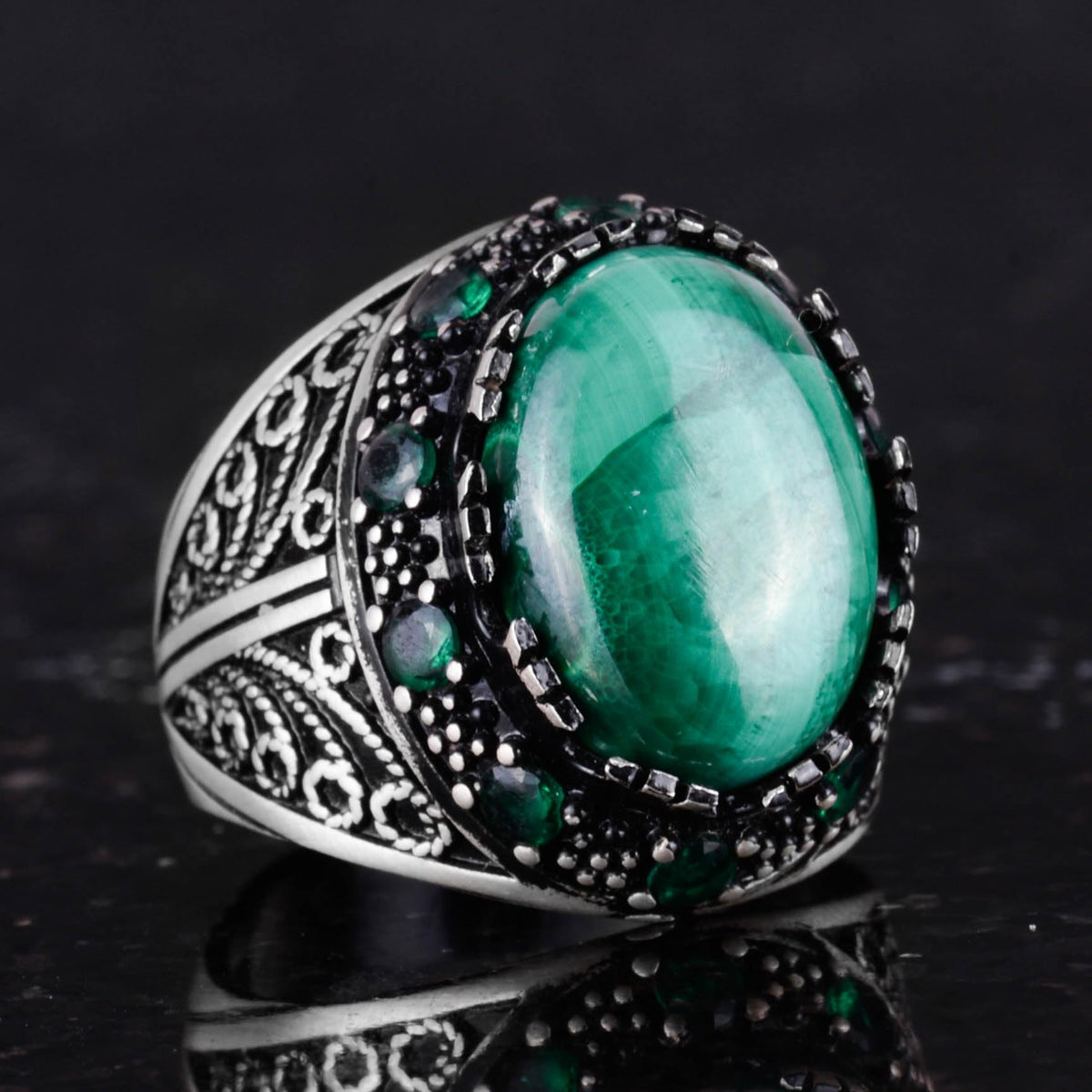 Natural Malachite Stone Ring - 925 Sterling Silver Handmade Men's Jewelry — 5