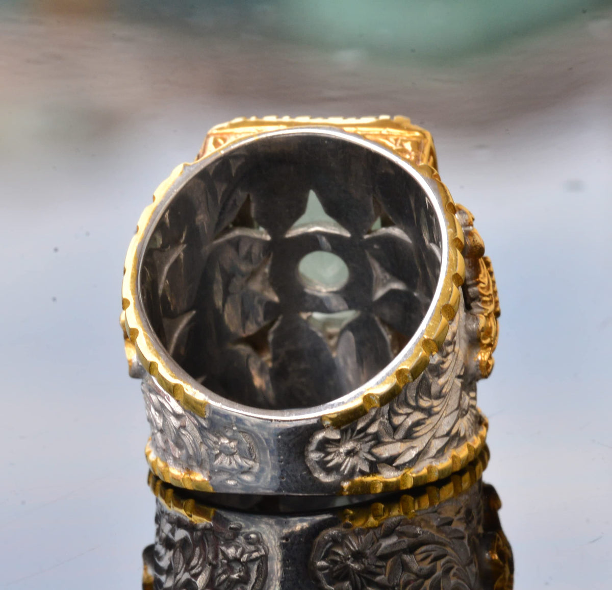 Natural Aquamarine Stone Handmade Ring, Gold Plated Silver Men's Ring - Symbol of Serenity and Courage — 8