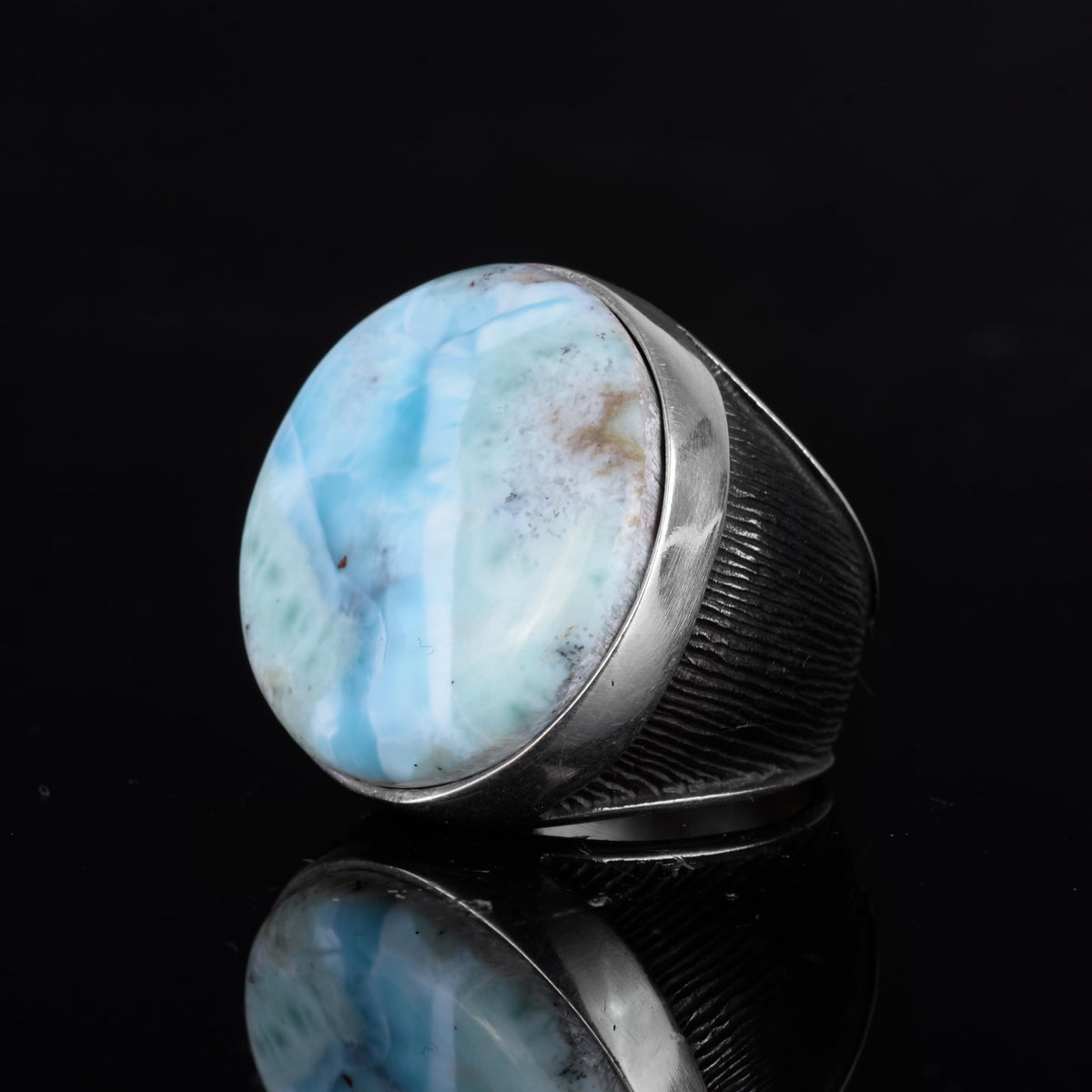 KAMBO 925 Sterling Silver Natural Stone Large Men's Ring – Handmade Round Shape Statement Silver Jewelry (Larimar) — 5