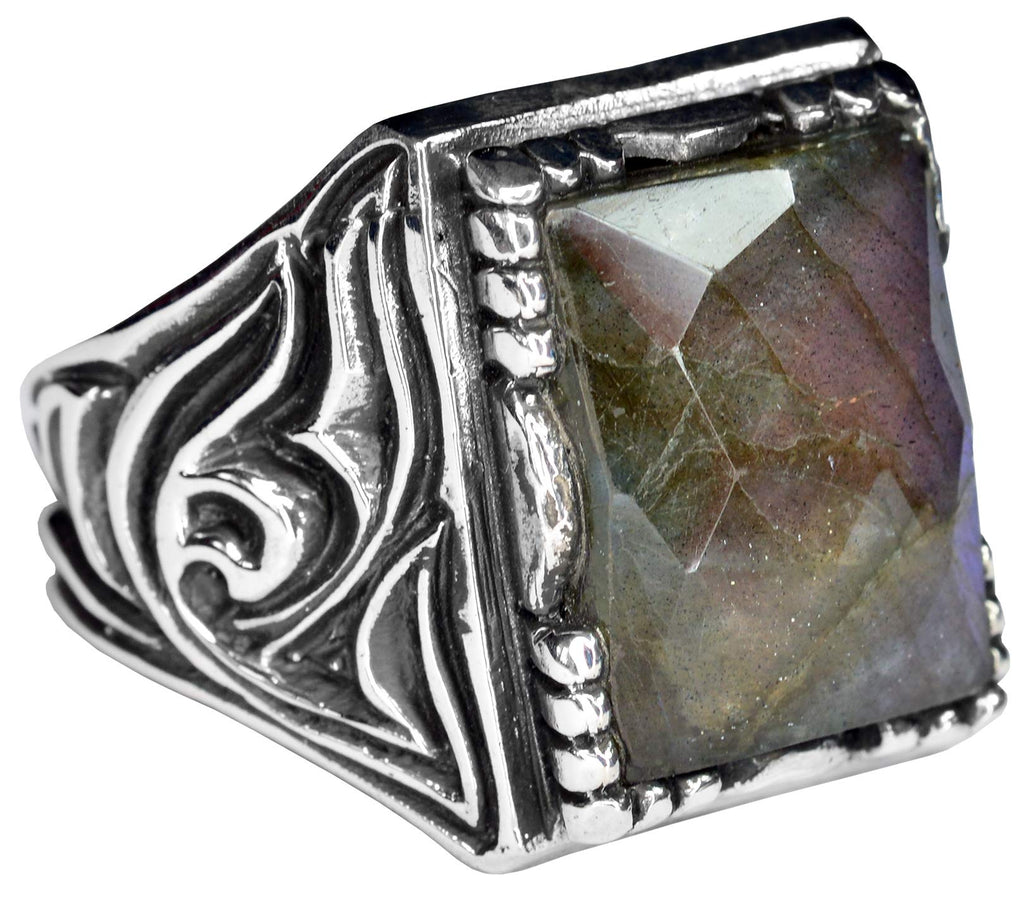 925 Sterling Silver Men's Ring, Natural Labradorite Stone