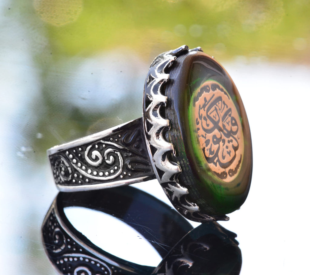 Handcrafted Green Stone Ring, 925 Sterling Silver Islamic Men's Ring — 4
